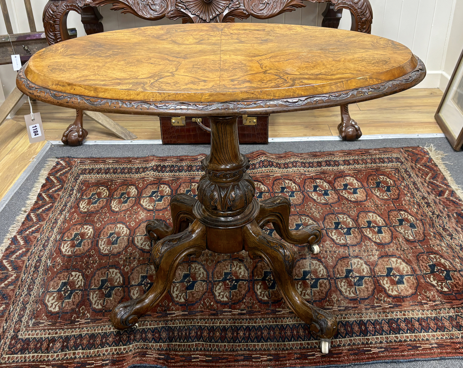 A Victorian oval burr walnut centre table, width 95cm, depth 57cm, height 72cm